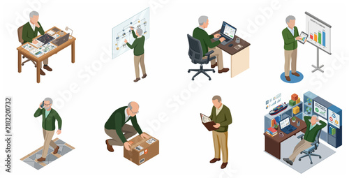 Isometric set of an elderly businessman working in various office situations, analyzing data, and managing business operations