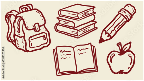 Red hand drawn doodle icons of school supplies including backpack books open book pencil and apple with icon set book stack backpack education learning knowledge academic illustration