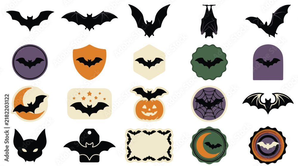 Fototapeta premium Halloween bat silhouettes and icons set, 20 spooky flying bat vector elements, black bat stickers for autumn holiday decor isolated PNG with Transparent Background Halloween,Editable EPS