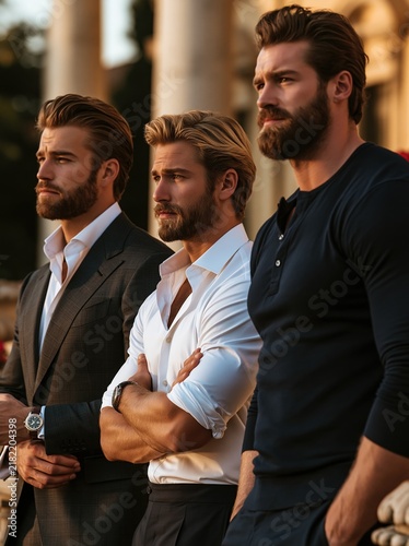 Three stylish, handsome men with beards and well-groomed hair posing outdoors with confidence
