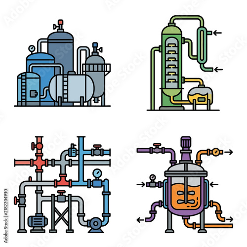 Industrial factory equipment and machinery illustrations.