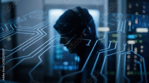 Cyber Hacker Silhouette with Projected Holographic Electronic Circuit Board