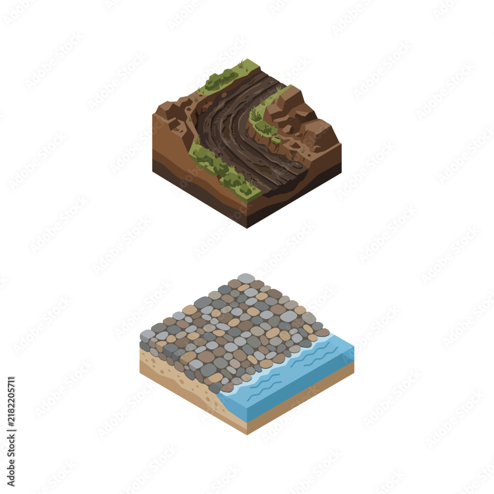 Obraz premium Isometric 3D Landscape Terrain Tiles Featuring Natural Rocky Soil Ground and River Shoreline Cross Sections