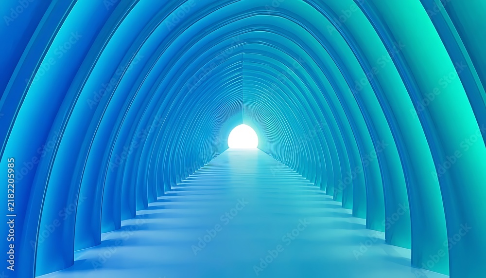 Fototapeta premium Futuristic 3D tunnel with glowing light at the end, abstract geometric corridor background.