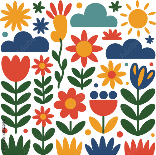 Colorful spring flowers set featuring blooming garden plants various floral elements and natural weather shapes isolated on transparent background.