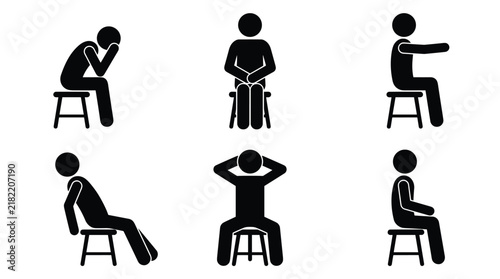 Collection of human stick figure silhouettes sitting on stool in various poses isolated