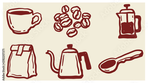 Set of hand drawn coffee elements vector illustration sketch style with coffee cup coffee beans french press coffee bag coffee pot coffee spoon hot beverage morning drink menu design