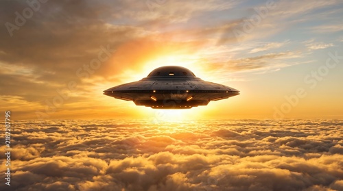 Flying Saucer Hovering Above Golden Clouds at Sunrise Sky