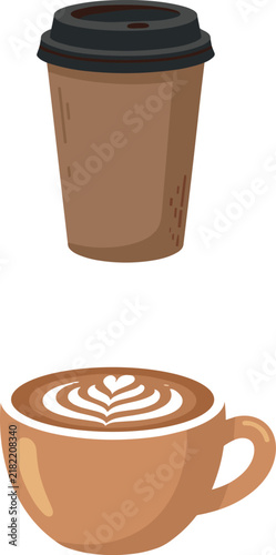 Vector illustration set of hot coffee icons including brown paper take out cup and ceramic mug with cappuccino
