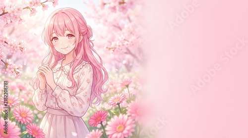 An anime-style girl with pink hair standing in a field of cherry blossoms and gerberas (with space for text)