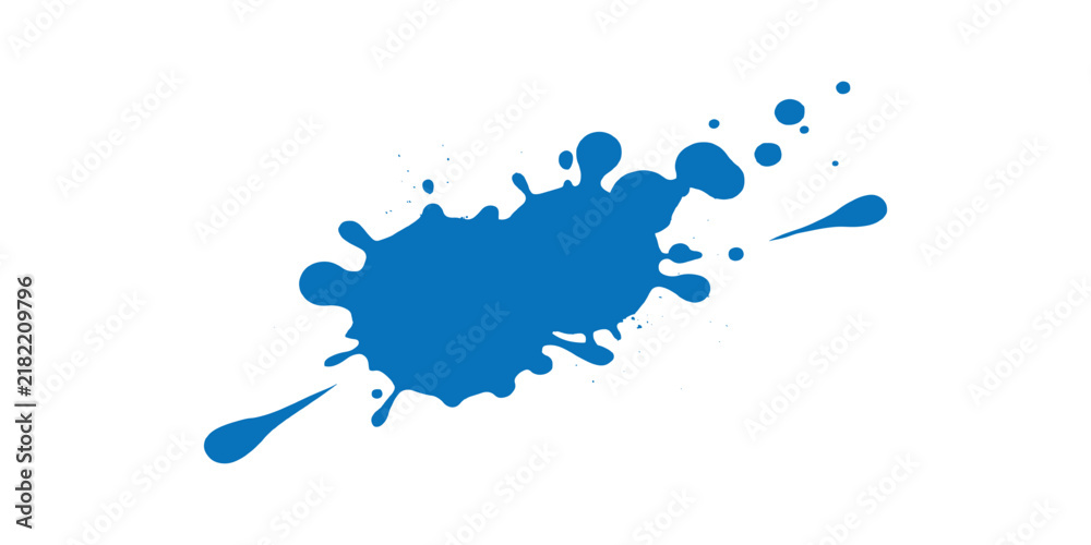 Obraz premium Dynamic bright blue ink paint splash with spray droplets and grunge splatter blot texture vector illustration graphic background.