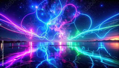 Neon light trails reflecting on calm water.