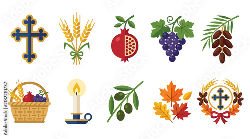 Set of Colorful Flowers and Plants with Leaves, Berries, Fruits and Vines, Seamless Floral Nature Pattern Vector Illustration for Summer and Autumn Decoration