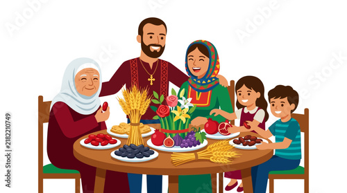 Virgin Mary and Baby Jesus with Joseph Sharing a Warm Family Meal at Home, Holy Family Lifestyle Scene with Mother, Father and Child Together at the Table