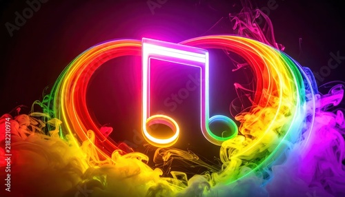 Neon music note inside glowing rainbow heart frame.