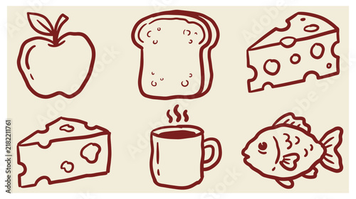 Mixed grocery and food line art icons featuring apple toast cheese coffee and fish illustration collection nutrition delicious ingredient