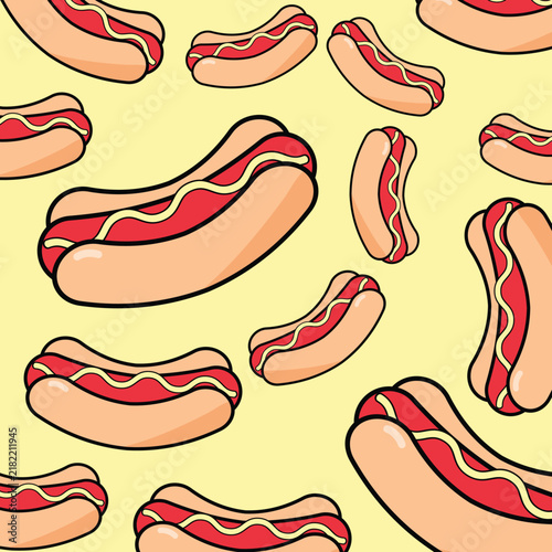 Delicious hot dog seamless pattern with mustard and ketchup on yellow background