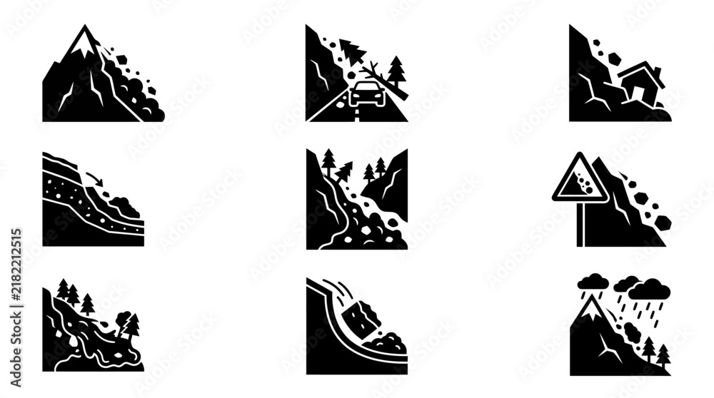 Fototapeta premium Landslide icon set showing natural disaster scenarios and avalanche risks in mountains