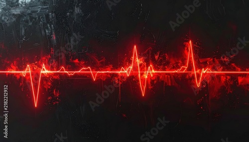 Neon red electrocardiogram line glowing on dark texture.