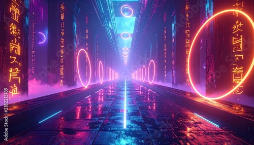 Neon rings in futuristic cyberpunk city street.
