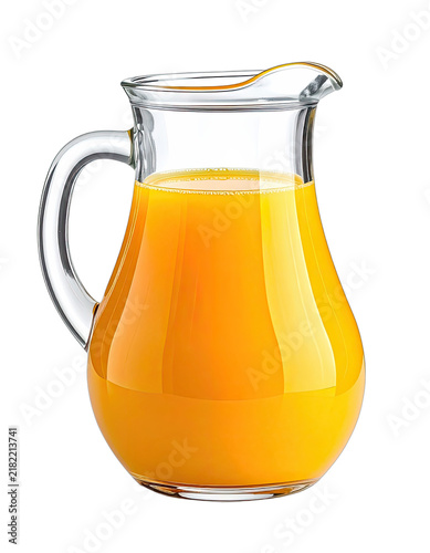 A clear glass pitcher filled with bright orange juice sits against a black background.