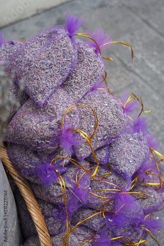 Lavender sachets displayed for sale at market