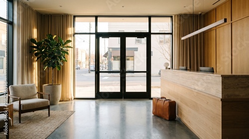 Modern hotel lobby reception area with wooden desk and sunlit glass entrance foyer interior