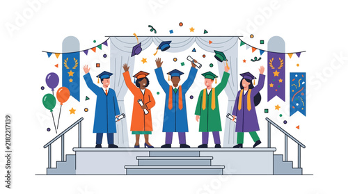 Happy Birthday Cake with Lit Candles and Diverse People Celebrating Teamwork Communication Community Connection and Success in a 3D Vector Illustration