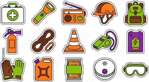 Emergency Survival Equipment Stickers Vector Set with Traffic Cone and Smoke Detector