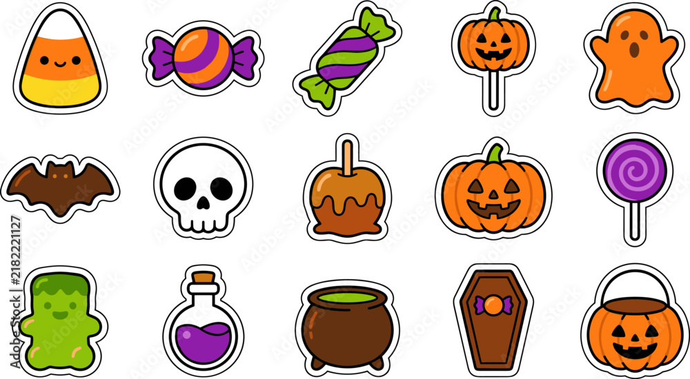 Fototapeta premium Halloween Sweet Treat Stickers Vector Set with One Eyed Monster and Mummy Coffin