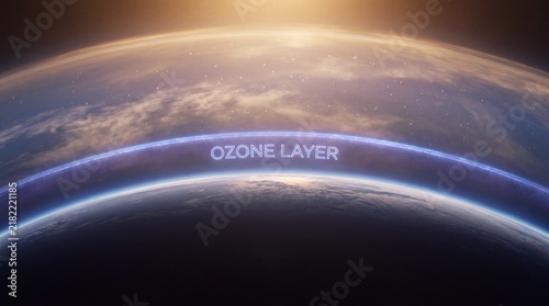Earth ozone layer view from space showing atmospheric protection and planetary climate change.