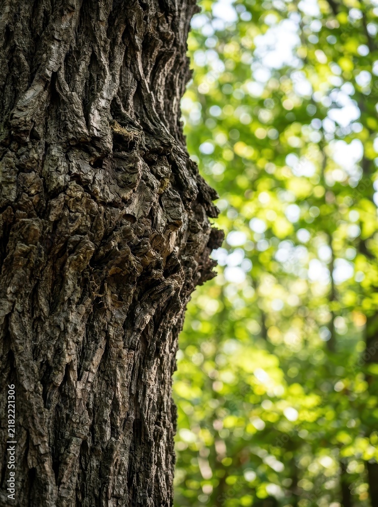 Obraz premium Detailed Close-up of Rough Tree Bark and Burl Growth with Blurred Green Forest Background