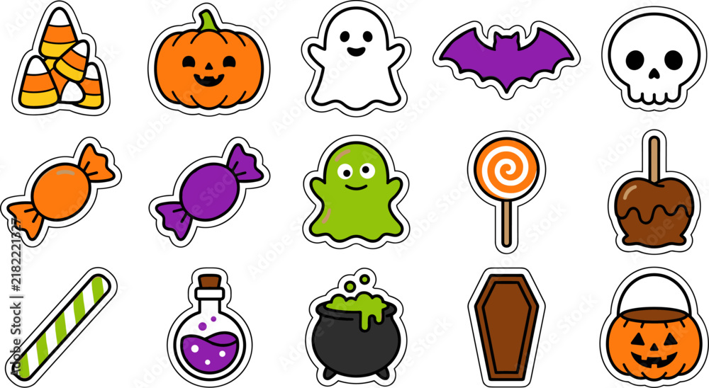 Fototapeta premium Halloween Sweet Treat Stickers Vector Set with Green Ghost and Striped Candy Cane