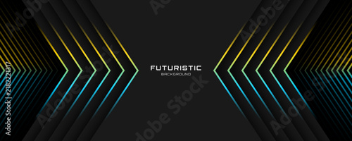 3D black techno abstract background overlap layer in dark space with blue yellow arrows effect decoration. Modern graphic design element cutout style concept for web, flyer, card, or brochure cover