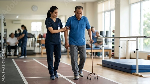 Female nurse assisting senior man during physical therapy session