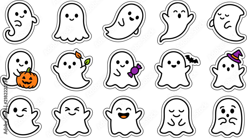 Obraz premium Halloween Cute Ghost Stickers Vector Set with Candy Corn and Autumn Leaves