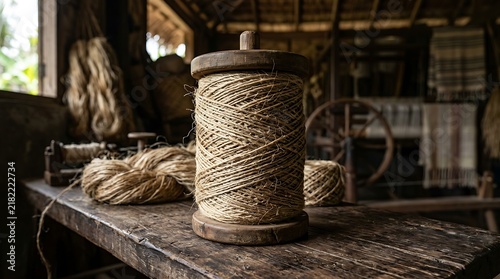 Large wooden spool of twine in a traditional textile workshop