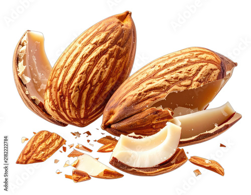 Whole and broken almonds levitating against a black background