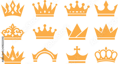 Obraz na plátně Collection of golden crowns in various styles and designs isolated on white back