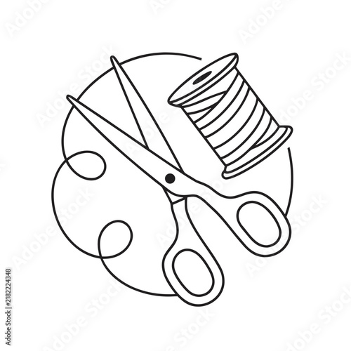 Quadro su tela Sewing scissors, thread spool and measuring tape outline illustration isolated on white background