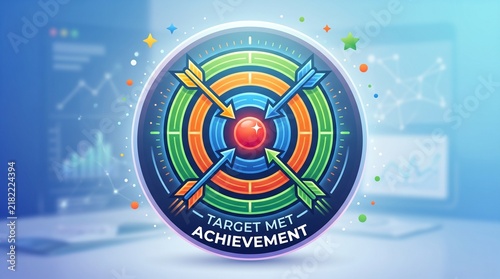Vibrant target icon with arrows hitting bullseye center representing business success and achievement in a professional data analytics office environment with glowing digital holographic charts