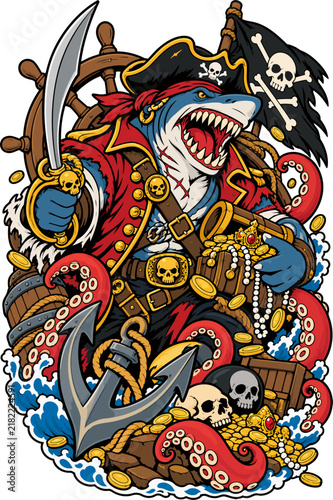 Obraz na płótnie Pirate Shark with Treasure, Tentacles and Sword Fantasy Illustration