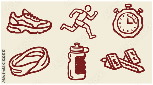 Set of running and track sport doodle sketch icons featuring sneakers runner stopwatch water bottle and starting blocks sport elements sport equipment doodle art hand drawn vector illus