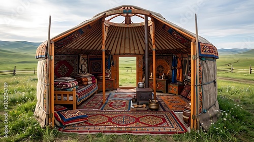 Traditional mongolian yurt interior overlooking vast green hills