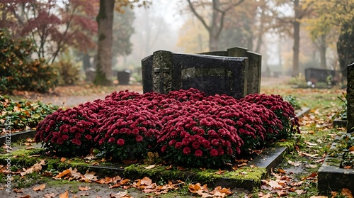 Grave decorated with red chrysanthemum flowers in autumn cemetery