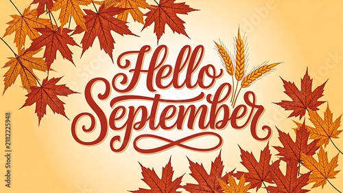 Hello september autumn greeting design with colorful maple leaves