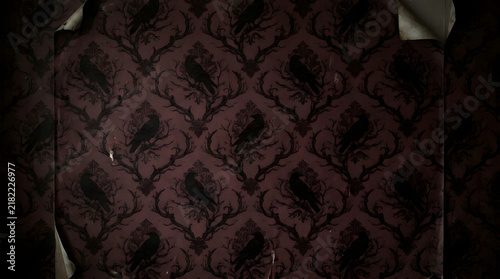 Dark gothic damask wallpaper, a vintage Victorian pattern background. Elegant antique textile texture, perfect for dramatic design and historical themes.