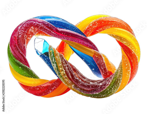 A vibrant rainbow-colored pretzel-shaped candy with a glossy finish is set against a stark black background.