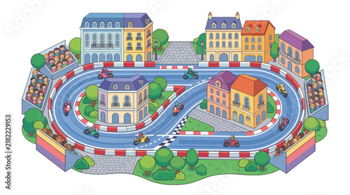 Isometric go-kart track layout through small town.