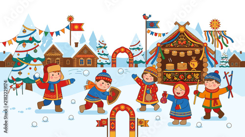 Winter holiday fair with playing children and market.